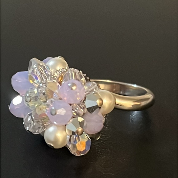 Vintage Swarovski Aura Borealis Crystal & Pearl Beaded Bow Ring - Picture 12 of 16